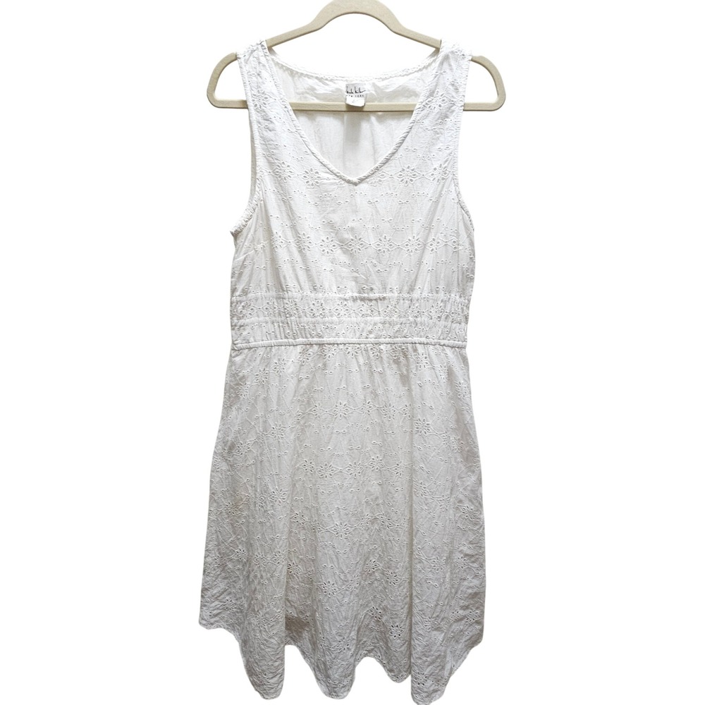 Nicole Miller New York White Eyelet Cotton Smocked Empire Waist Dress Womens L